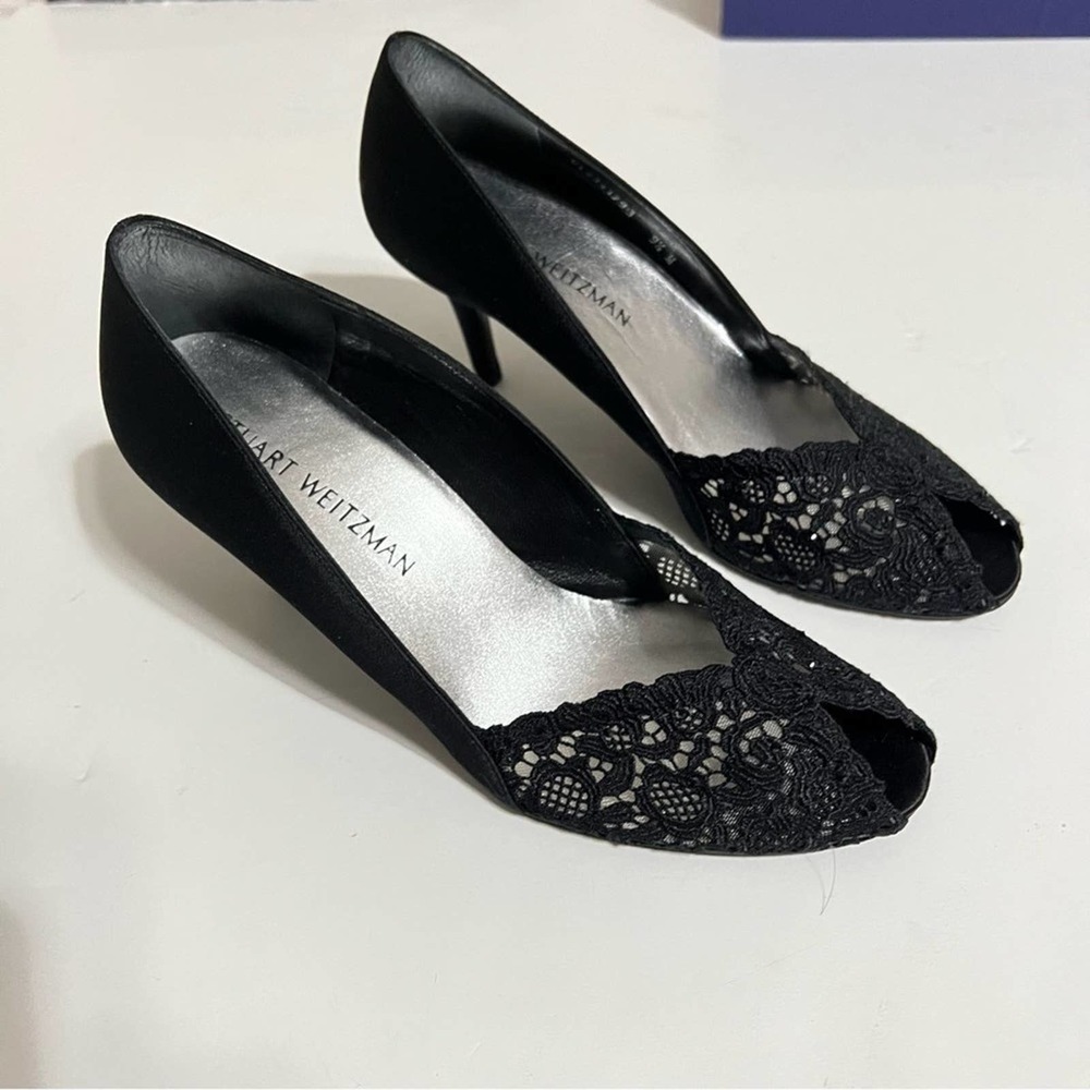Stuart Weitzman Black Lace Peep Toe Heels - Picture 6 of 12